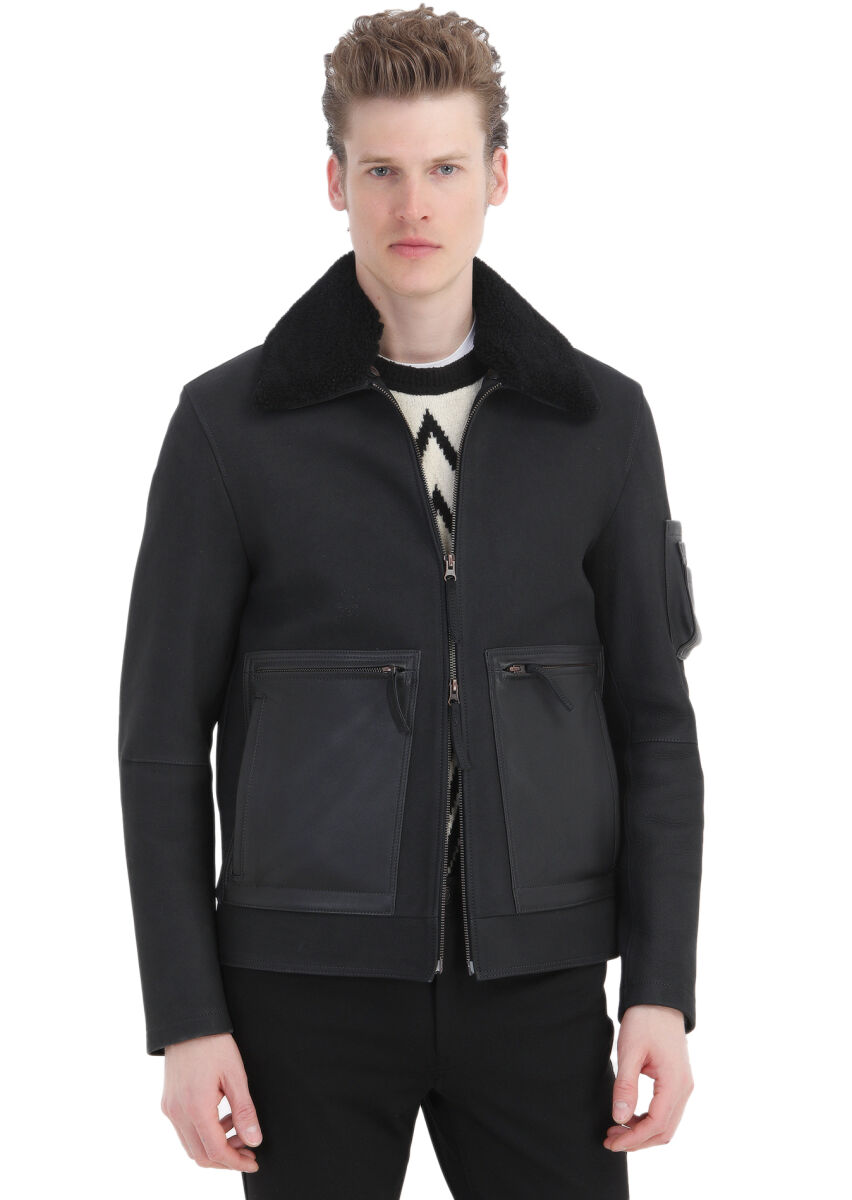 Black Regular Fit Shirt Collar Casual Suede Leather Coat - 2