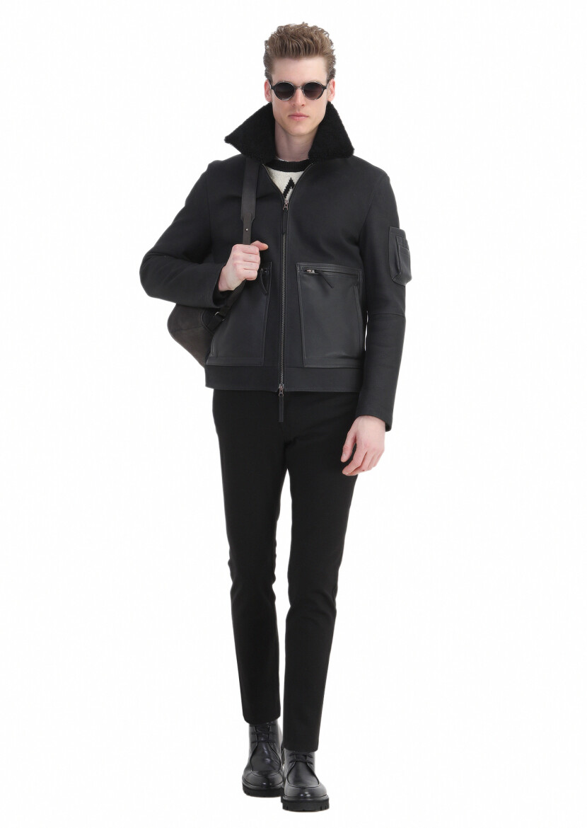 Black Regular Fit Shirt Collar Casual Suede Leather Coat - 4