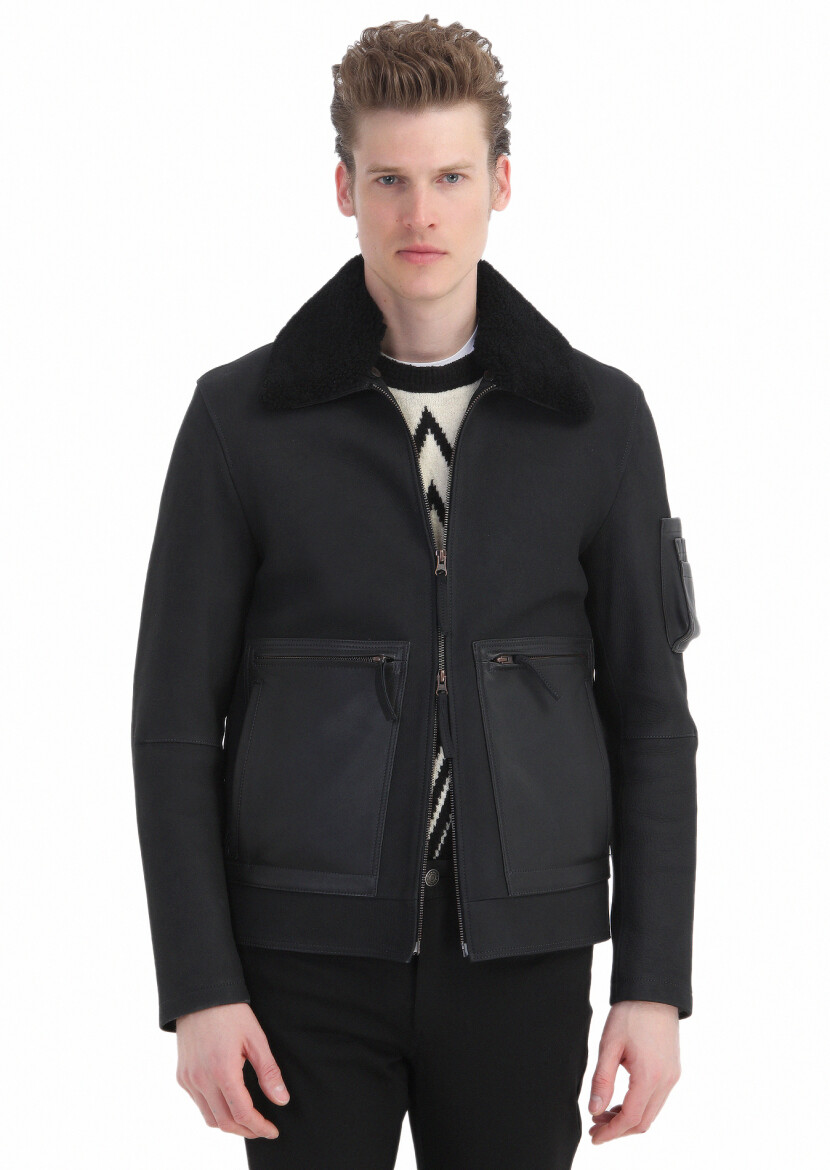 Black Regular Fit Shirt Collar Casual Suede Leather Coat - 5
