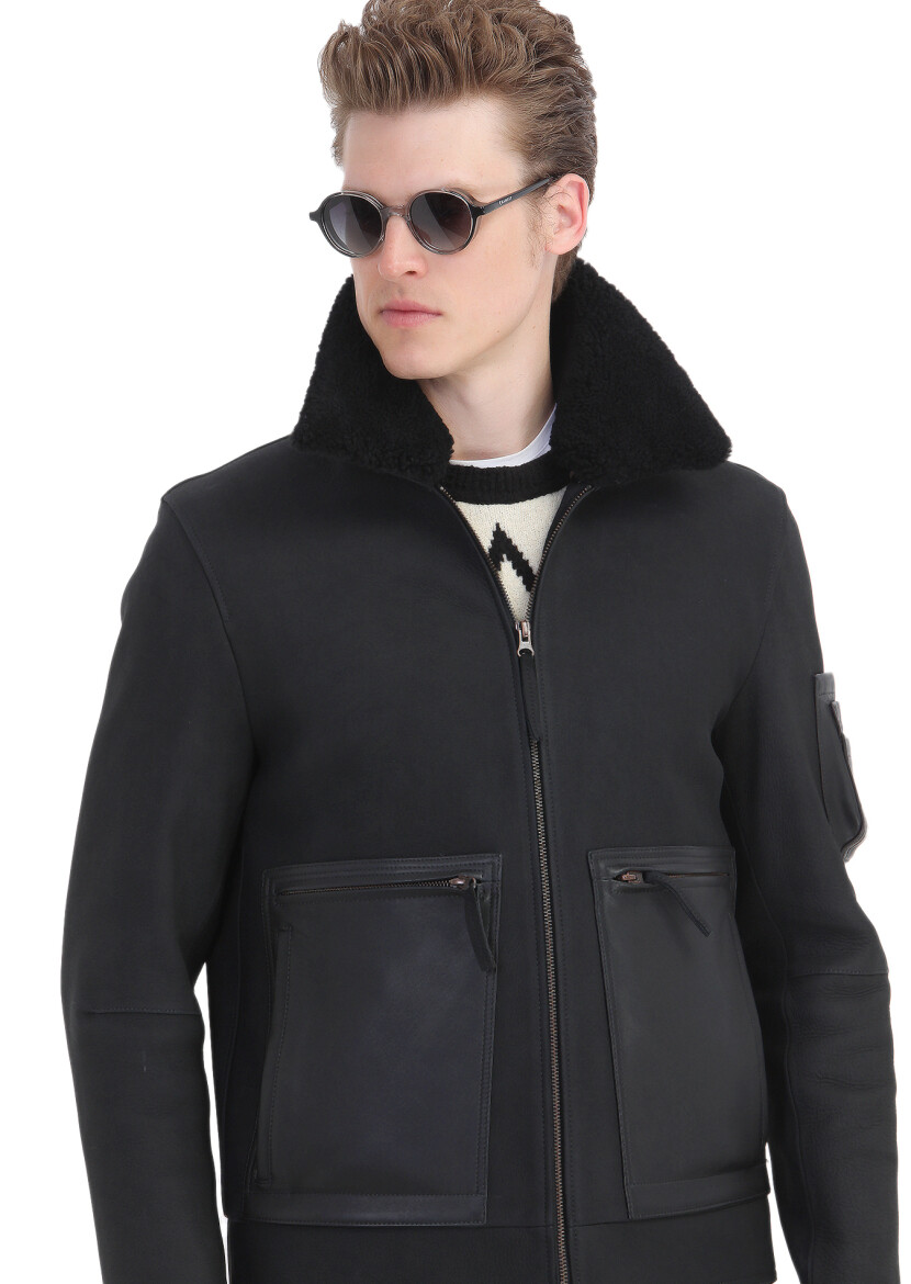 Black Regular Fit Shirt Collar Casual Suede Leather Coat - 6