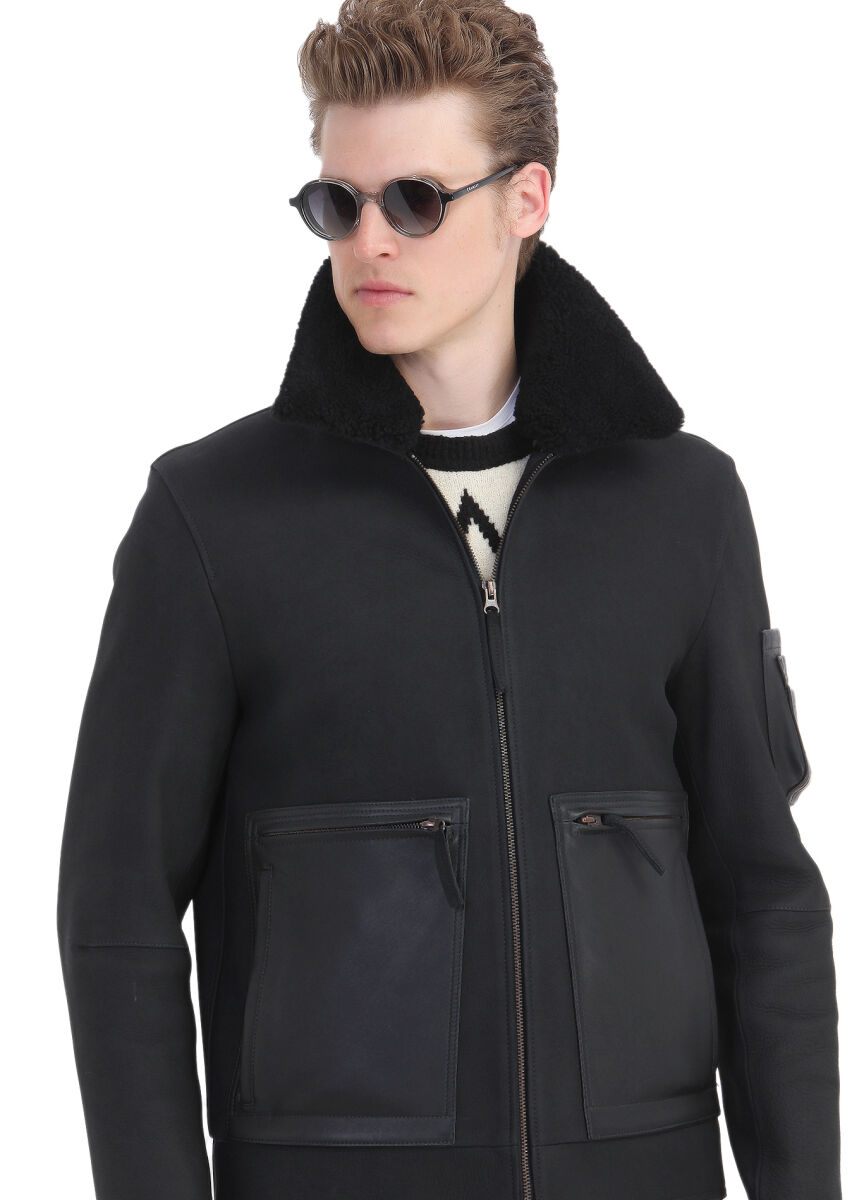 Black Regular Fit Shirt Collar Casual Suede Leather Coat - 6