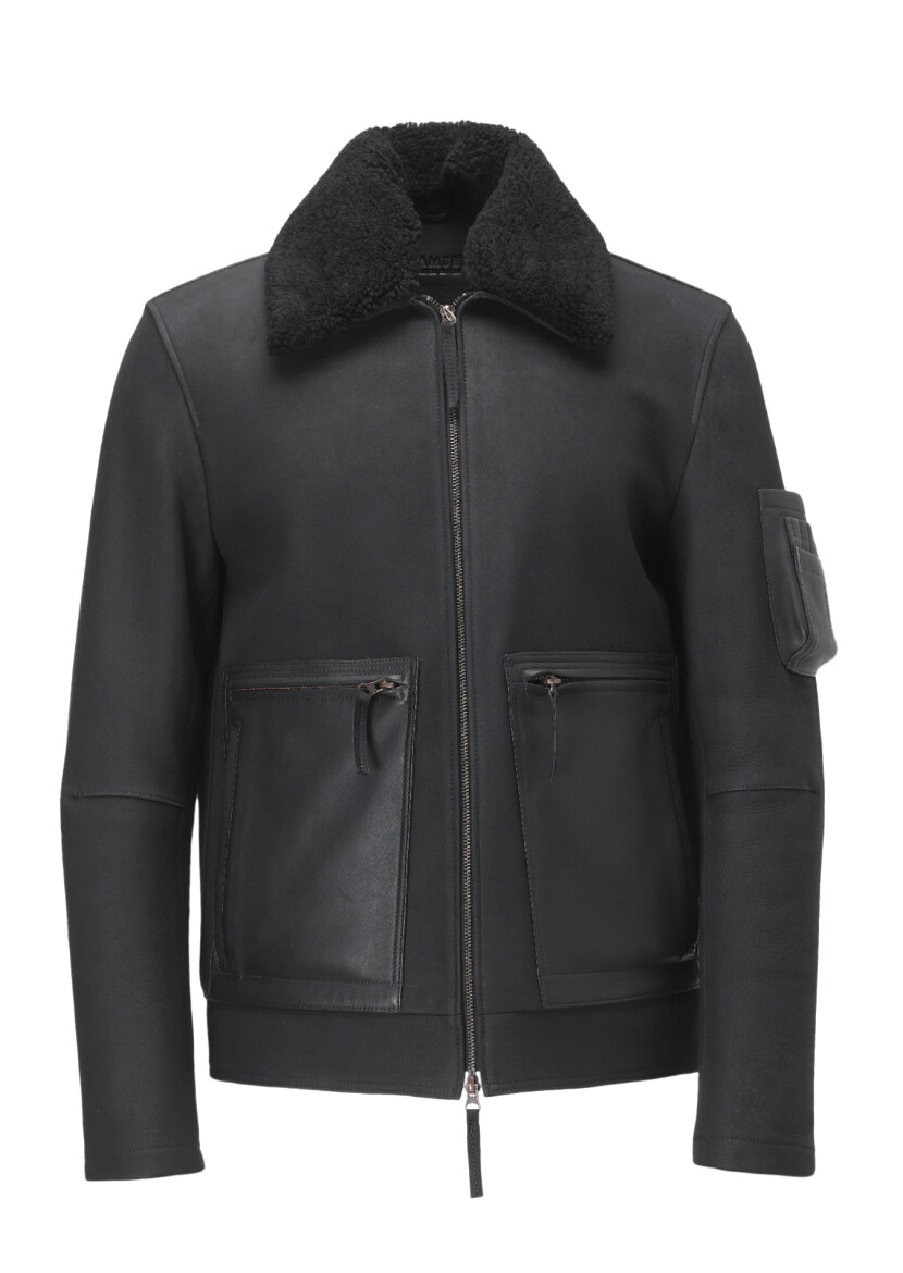Black Regular Fit Shirt Collar Casual Suede Leather Coat - 9