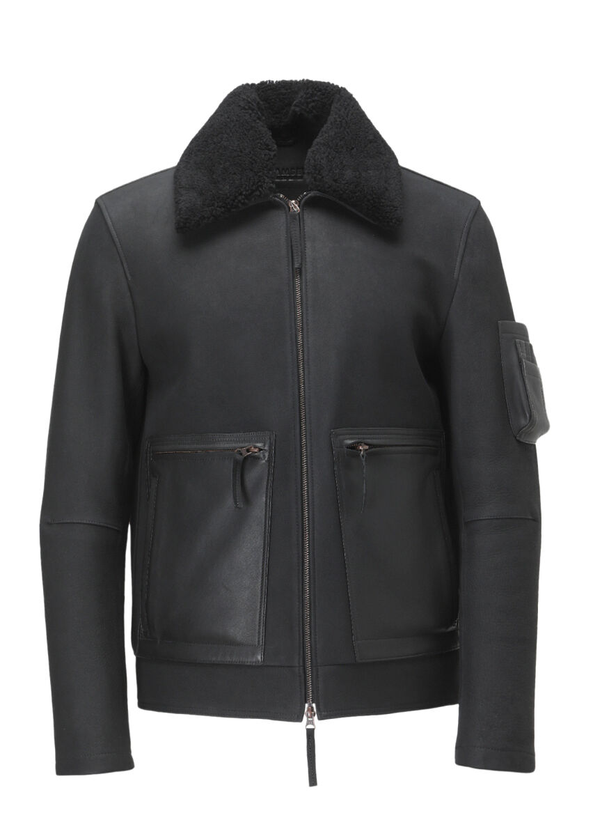 Black Regular Fit Shirt Collar Casual Suede Leather Coat - 9