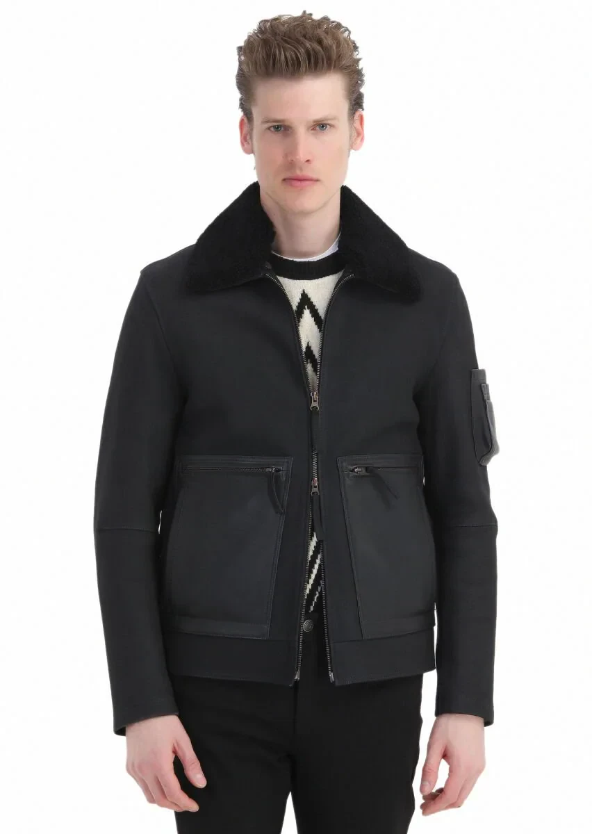 Black Regular Fit Shirt Collar Casual Suede Leather Coat - 5