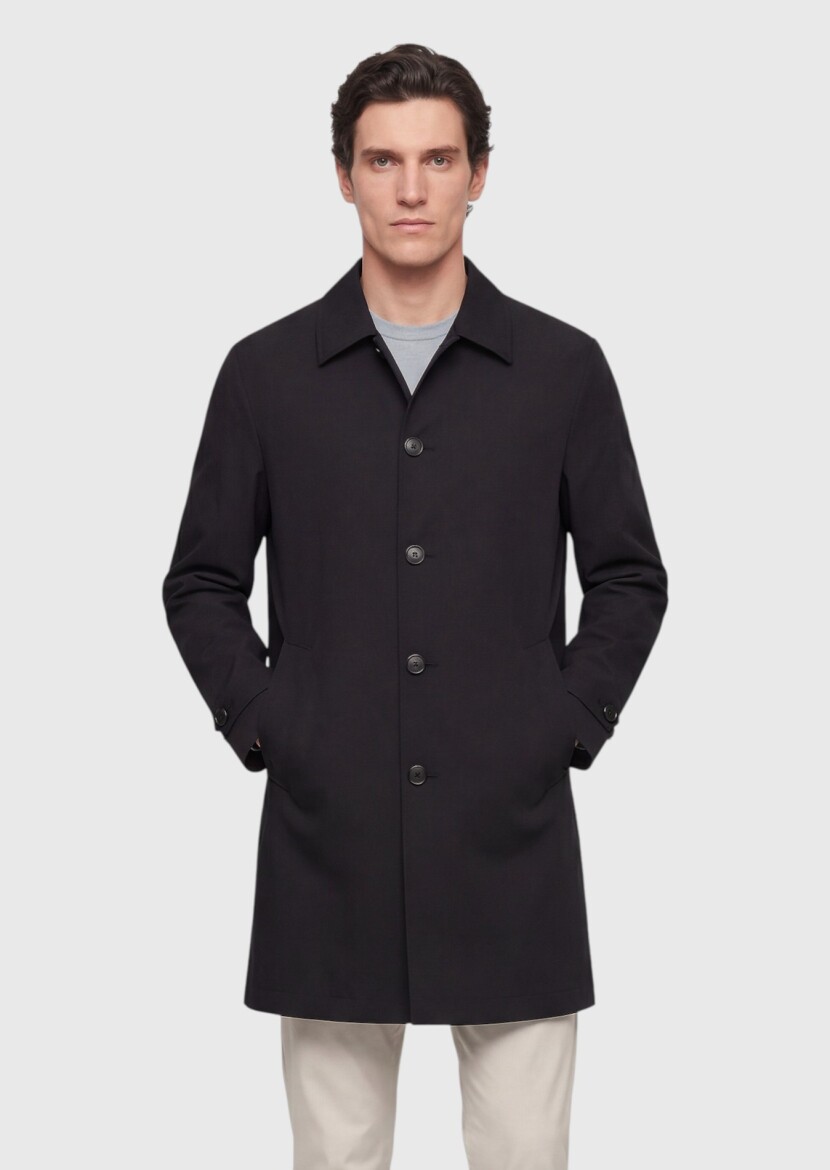 Black Regular Fit Shirt Collar Casual Technical Rain Coat - RAMSEY