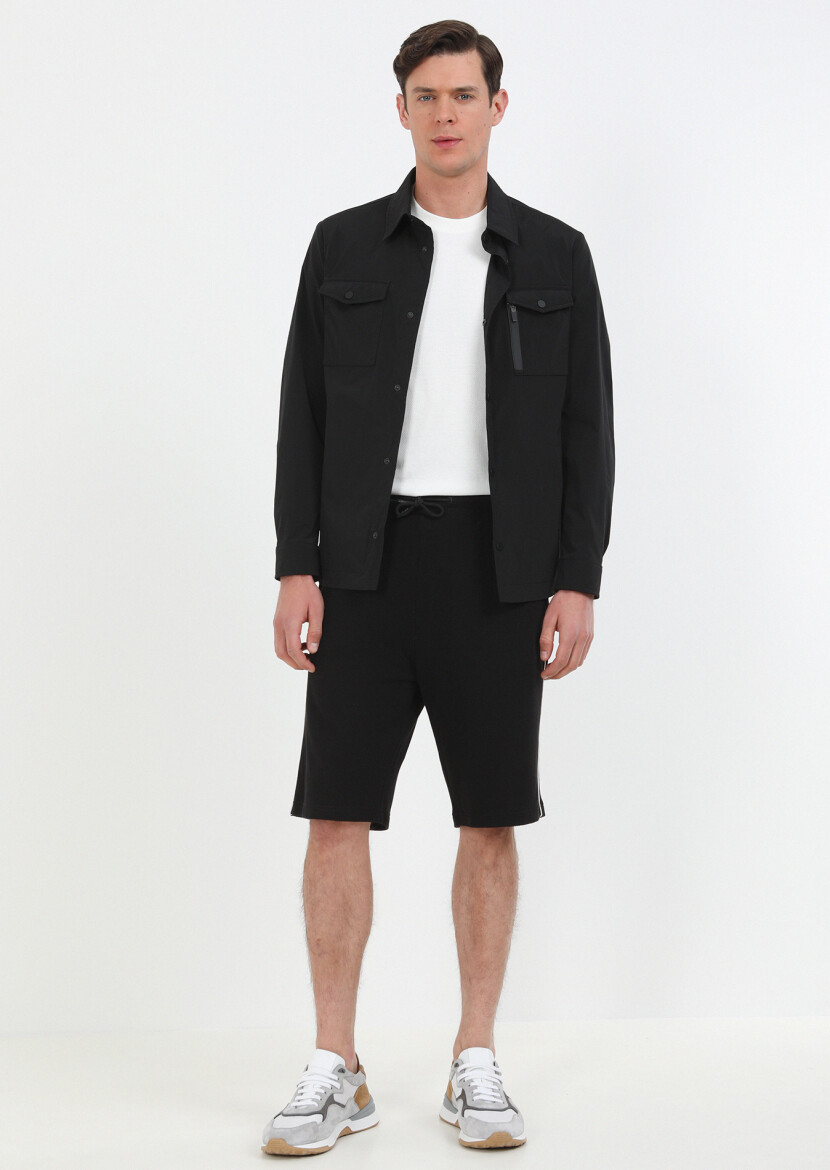 Black Regular Fit Shirt Collar Casual Weaving Coat - 1