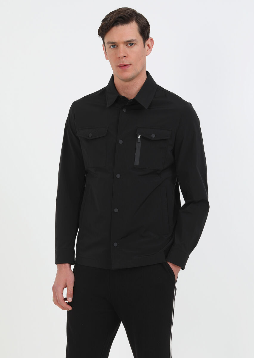 Black Regular Fit Shirt Collar Casual Weaving Coat - 2