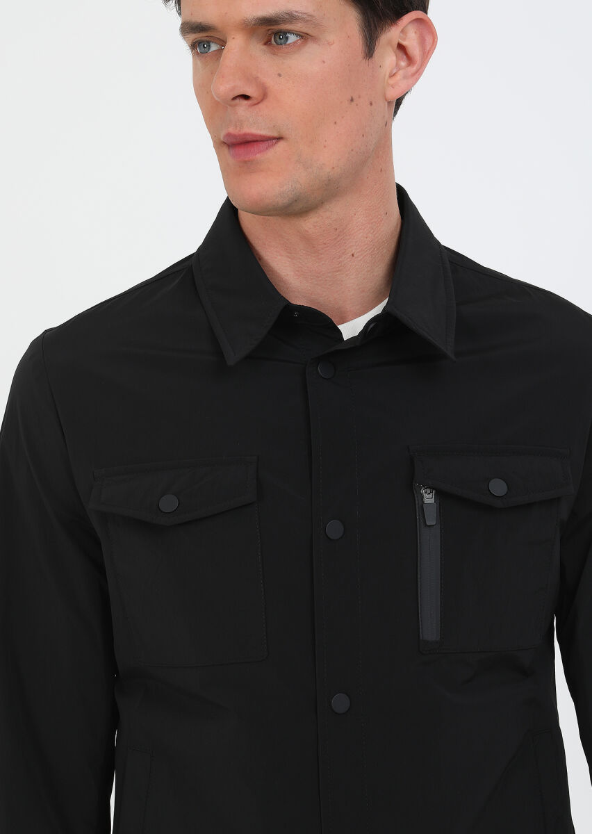 Black Regular Fit Shirt Collar Casual Weaving Coat - 3