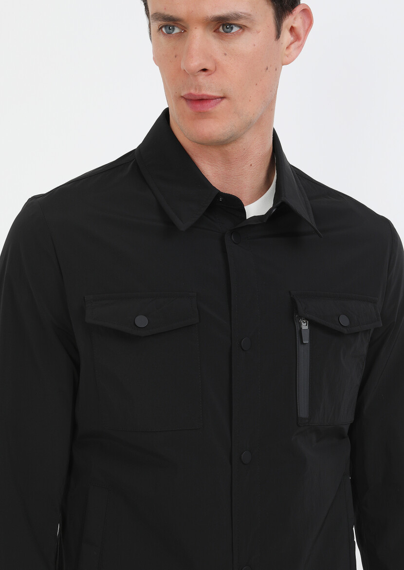 Black Regular Fit Shirt Collar Casual Weaving Coat - 4