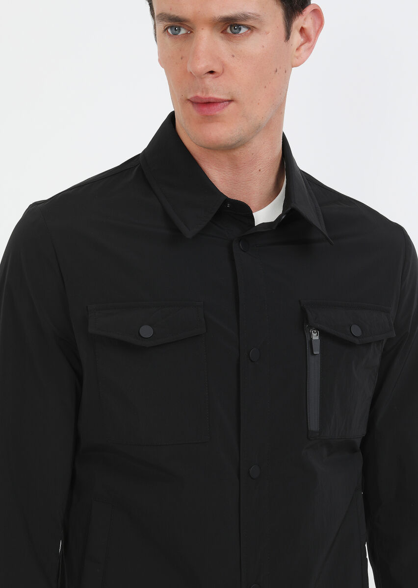 Black Regular Fit Shirt Collar Casual Weaving Coat - 4