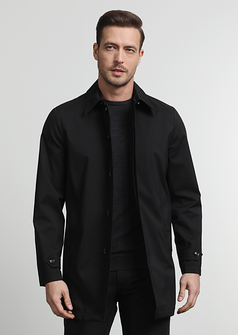Black Regular Fit Shirt Collar Casual Weaving Rain Coat - 3