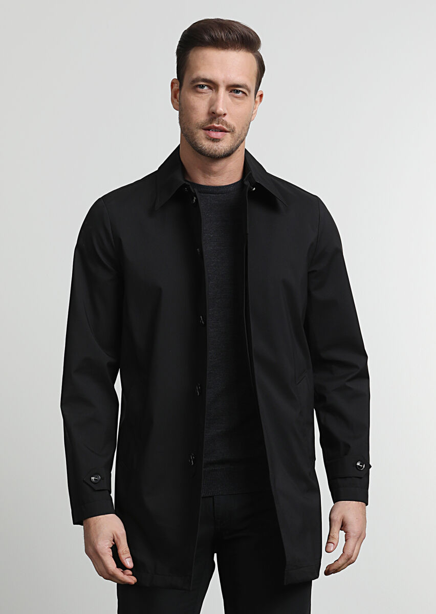 Black Regular Fit Shirt Collar Casual Weaving Rain Coat - 3