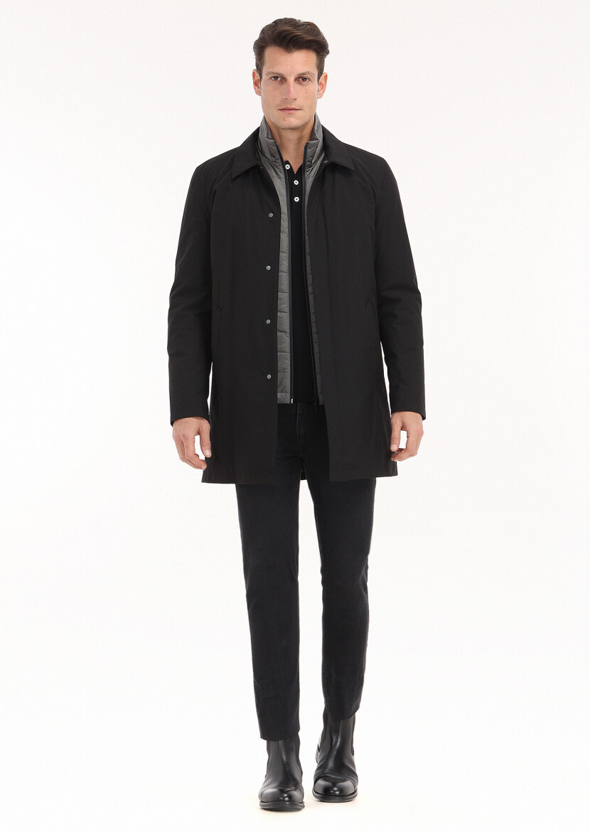 Black Regular Fit Shirt Collar Casual Weaving Rain Coat - 1