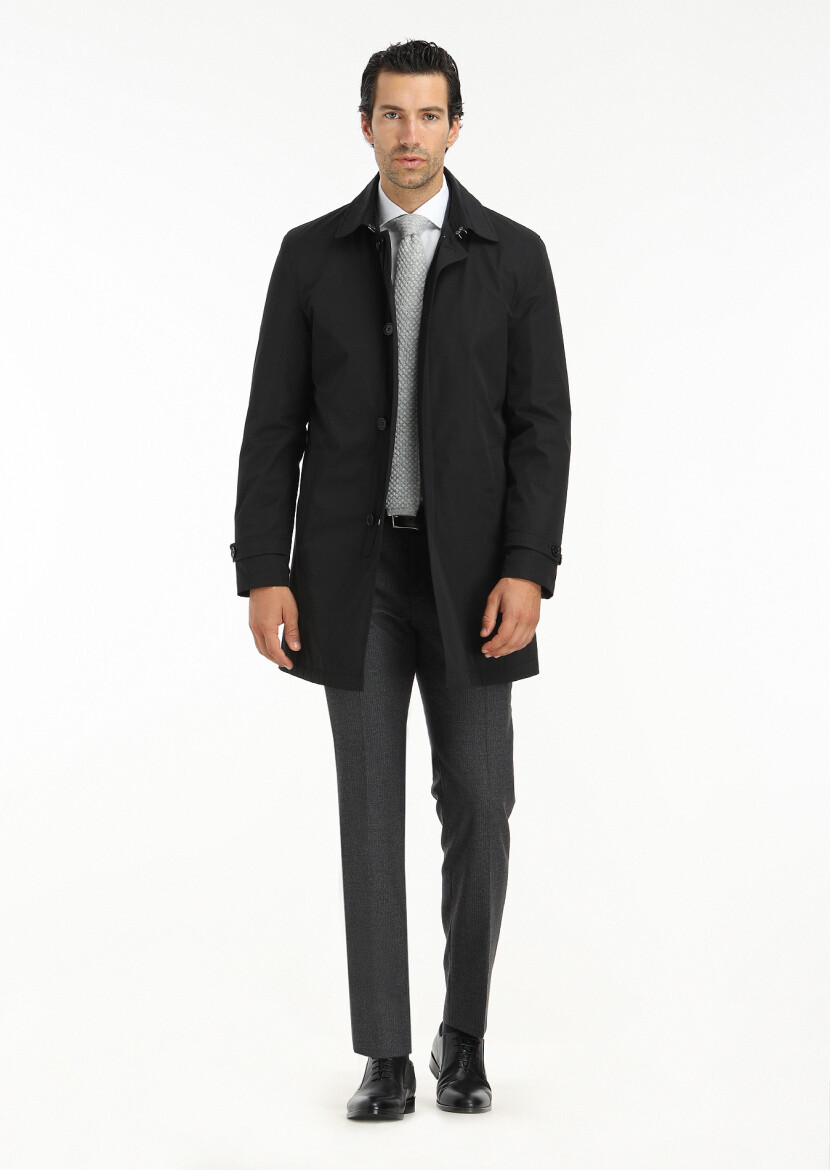 Black Regular Fit Shirt Collar Casual Weaving Rain Coat - 1