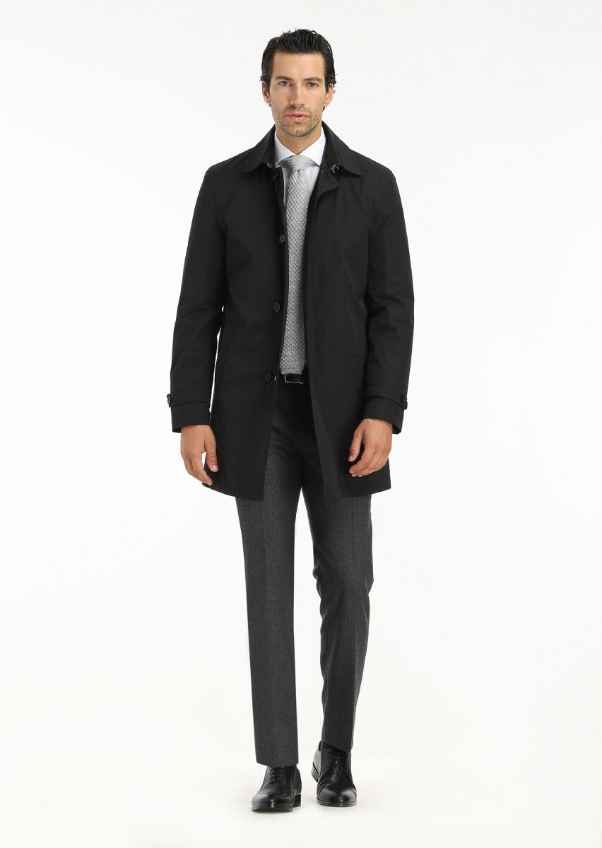 Black Regular Fit Shirt Collar Casual Weaving Rain Coat - 1