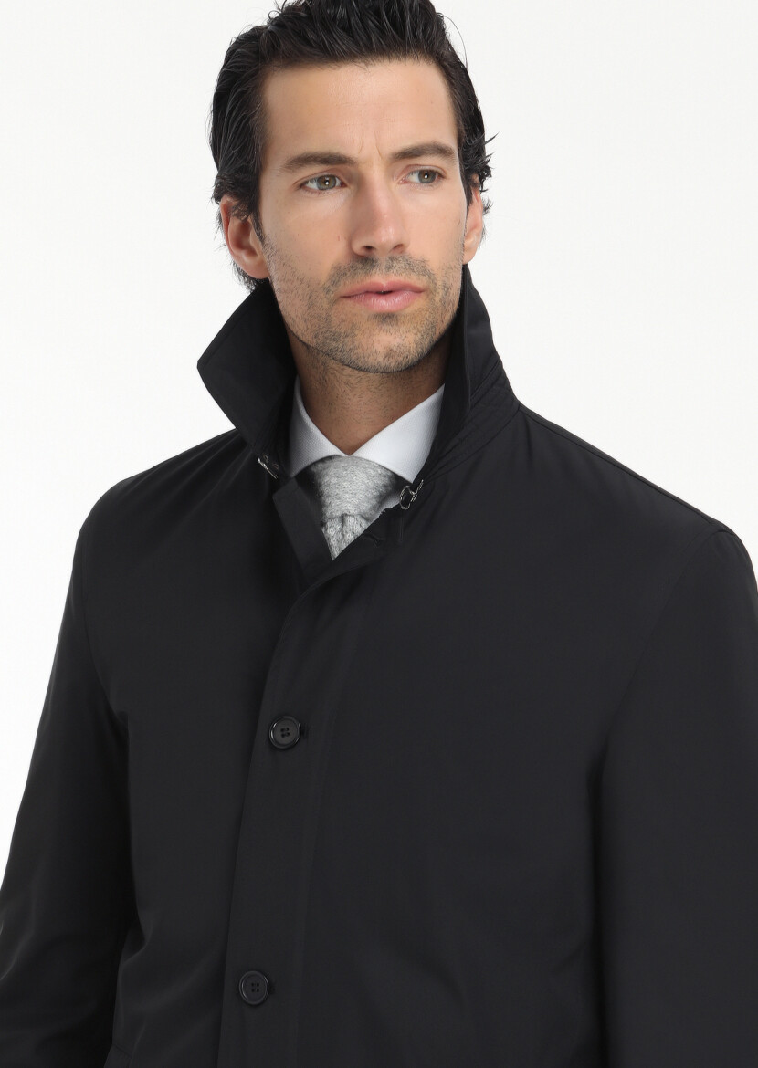 Black Regular Fit Shirt Collar Casual Weaving Rain Coat - 3