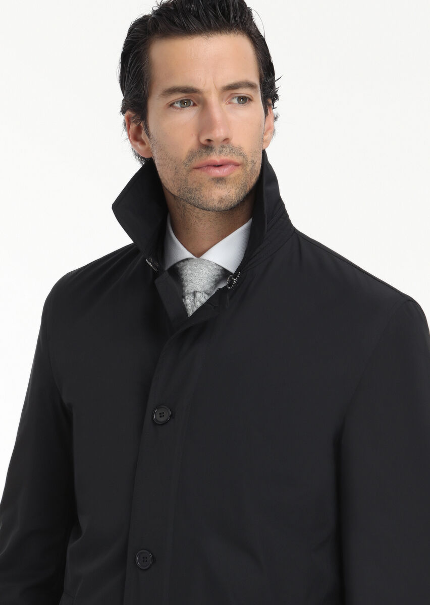 Black Regular Fit Shirt Collar Casual Weaving Rain Coat - 3