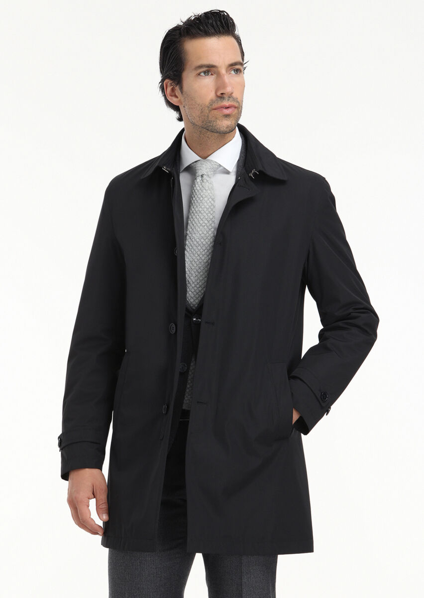 Black Regular Fit Shirt Collar Casual Weaving Rain Coat - 4