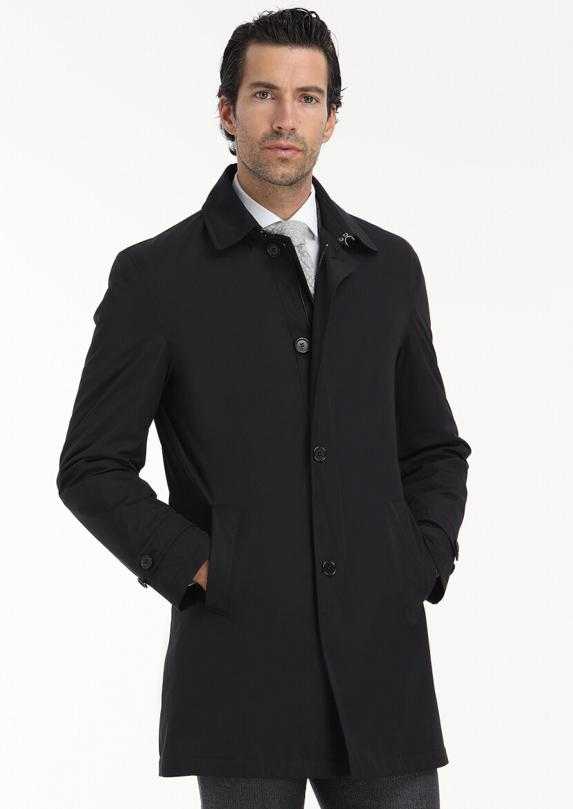 Black Regular Fit Shirt Collar Casual Weaving Rain Coat - 5