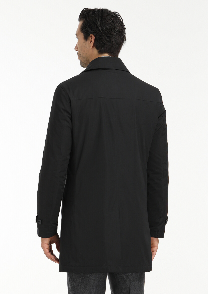 Black Regular Fit Shirt Collar Casual Weaving Rain Coat - 6