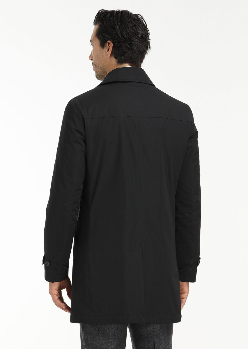 Black Regular Fit Shirt Collar Casual Weaving Rain Coat - 6