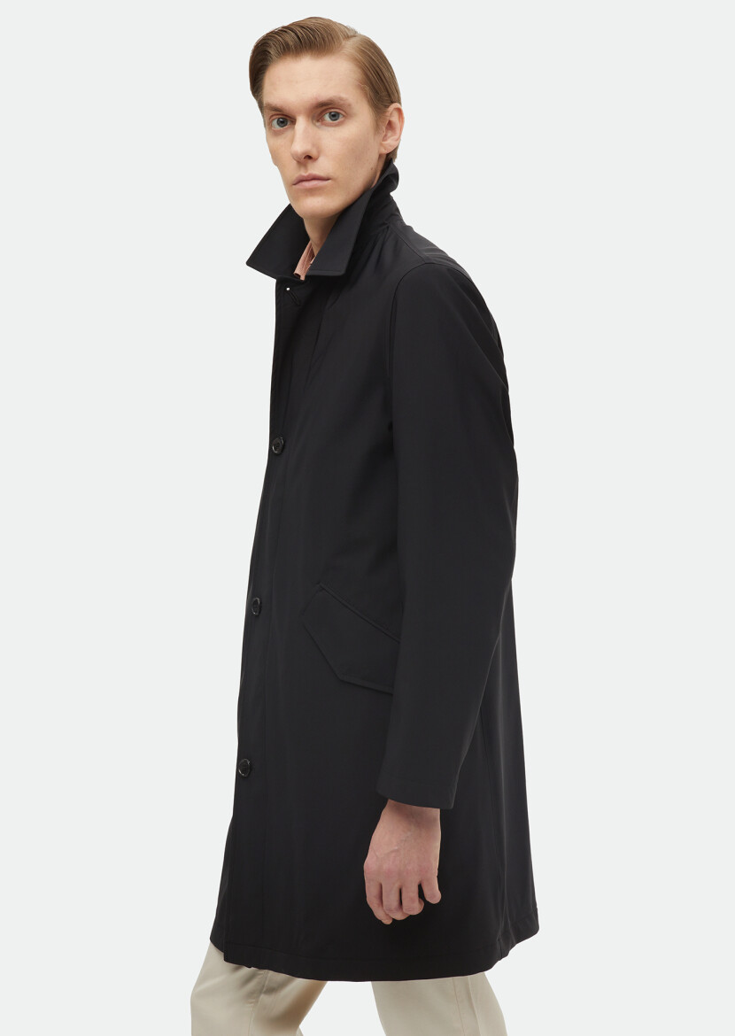 Black Regular Fit Shirt Collar Casual Weaving Rain Coat - 3