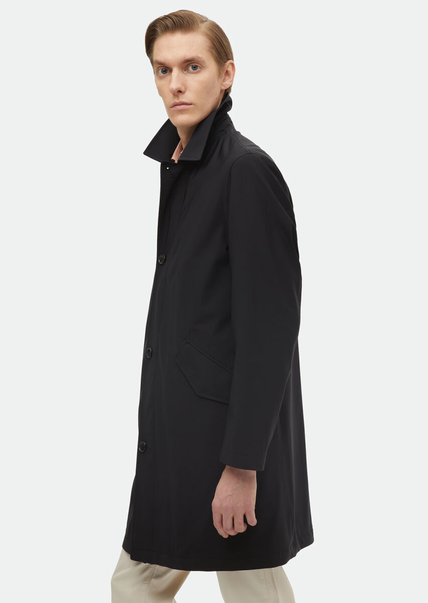 Black Regular Fit Shirt Collar Casual Weaving Rain Coat - 3