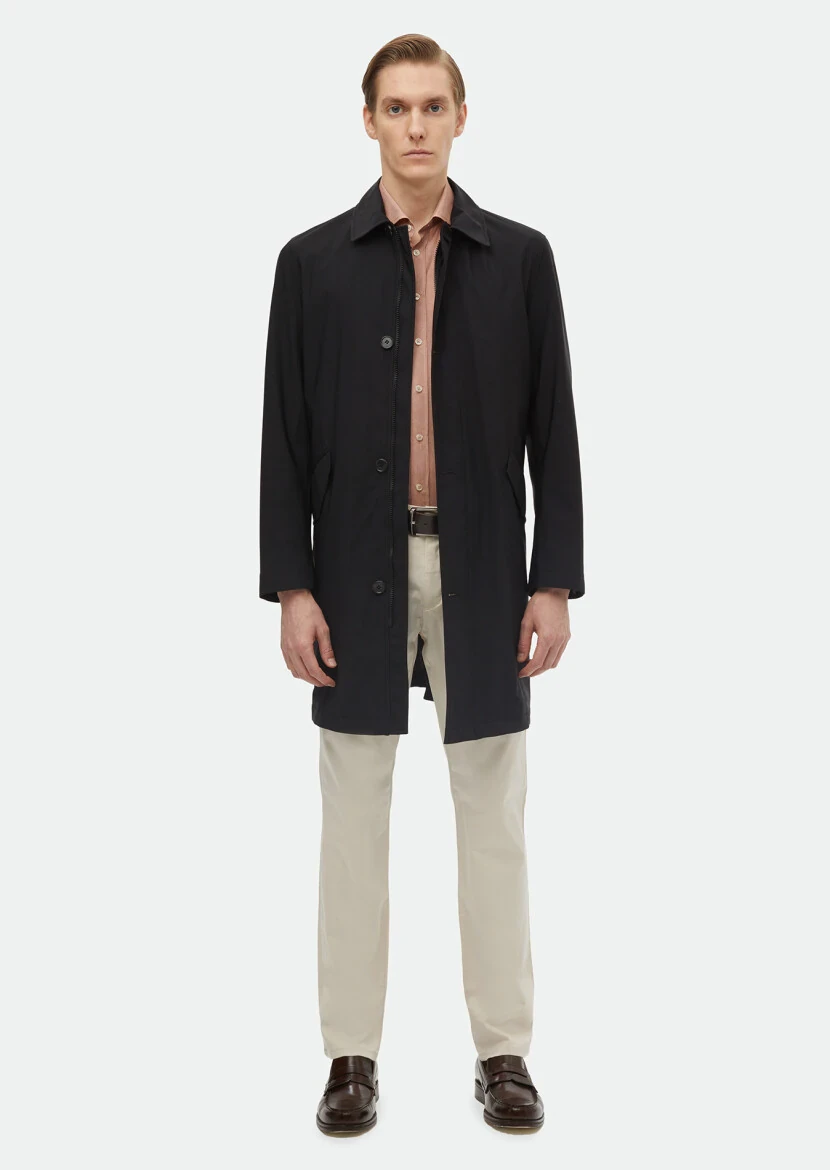Black Regular Fit Shirt Collar Casual Weaving Rain Coat - 1