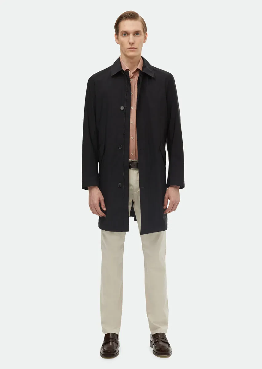 Black Regular Fit Shirt Collar Casual Weaving Rain Coat - 1