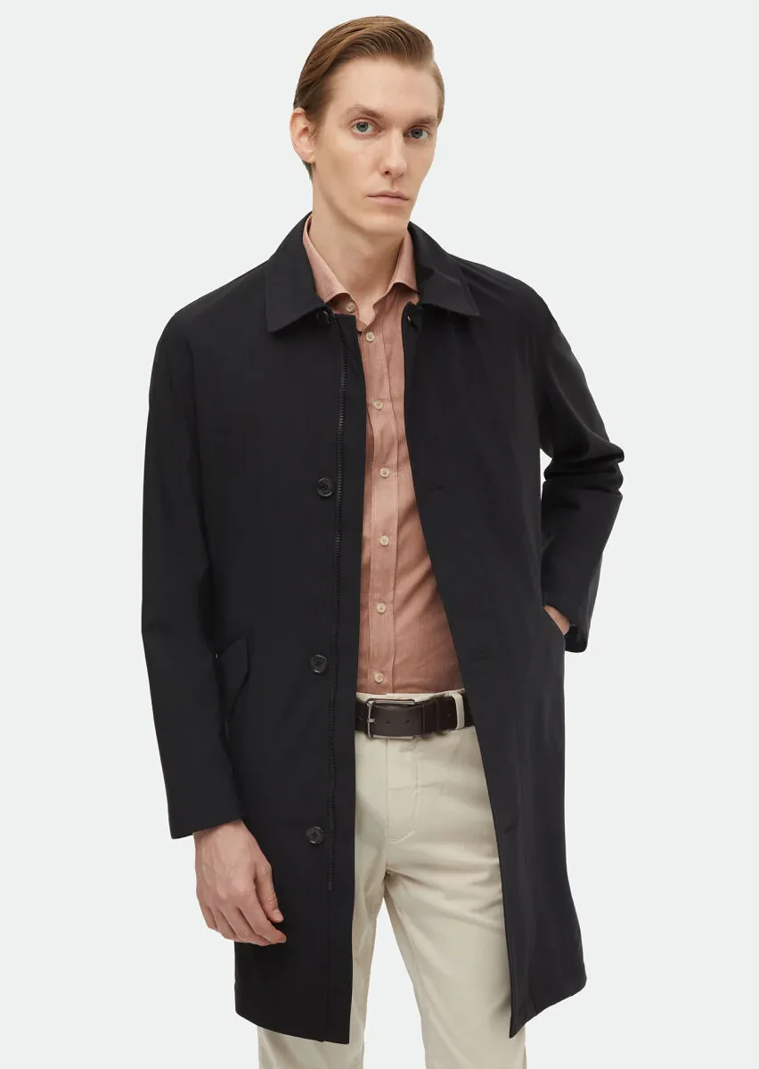 Black Regular Fit Shirt Collar Casual Weaving Rain Coat - 2