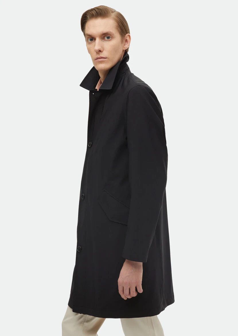 Black Regular Fit Shirt Collar Casual Weaving Rain Coat - 3