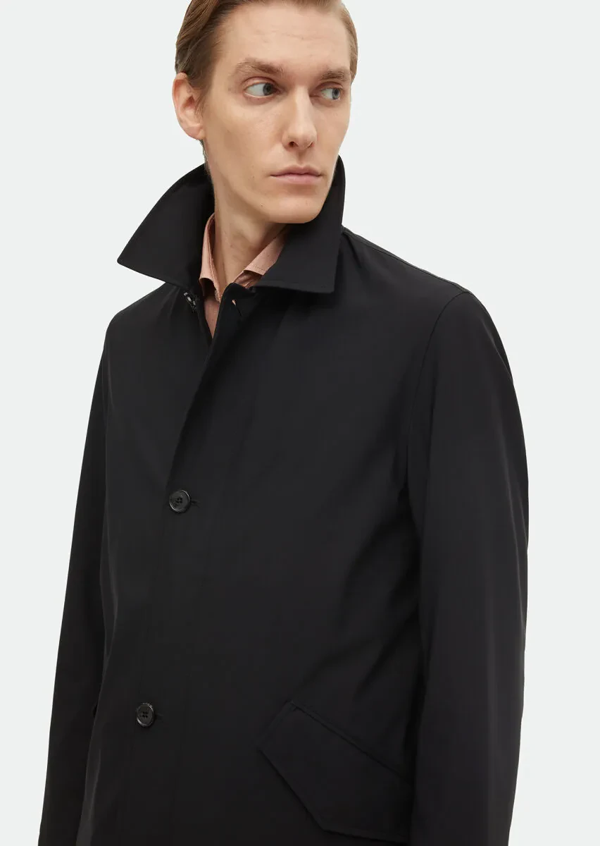 Black Regular Fit Shirt Collar Casual Weaving Rain Coat - 4
