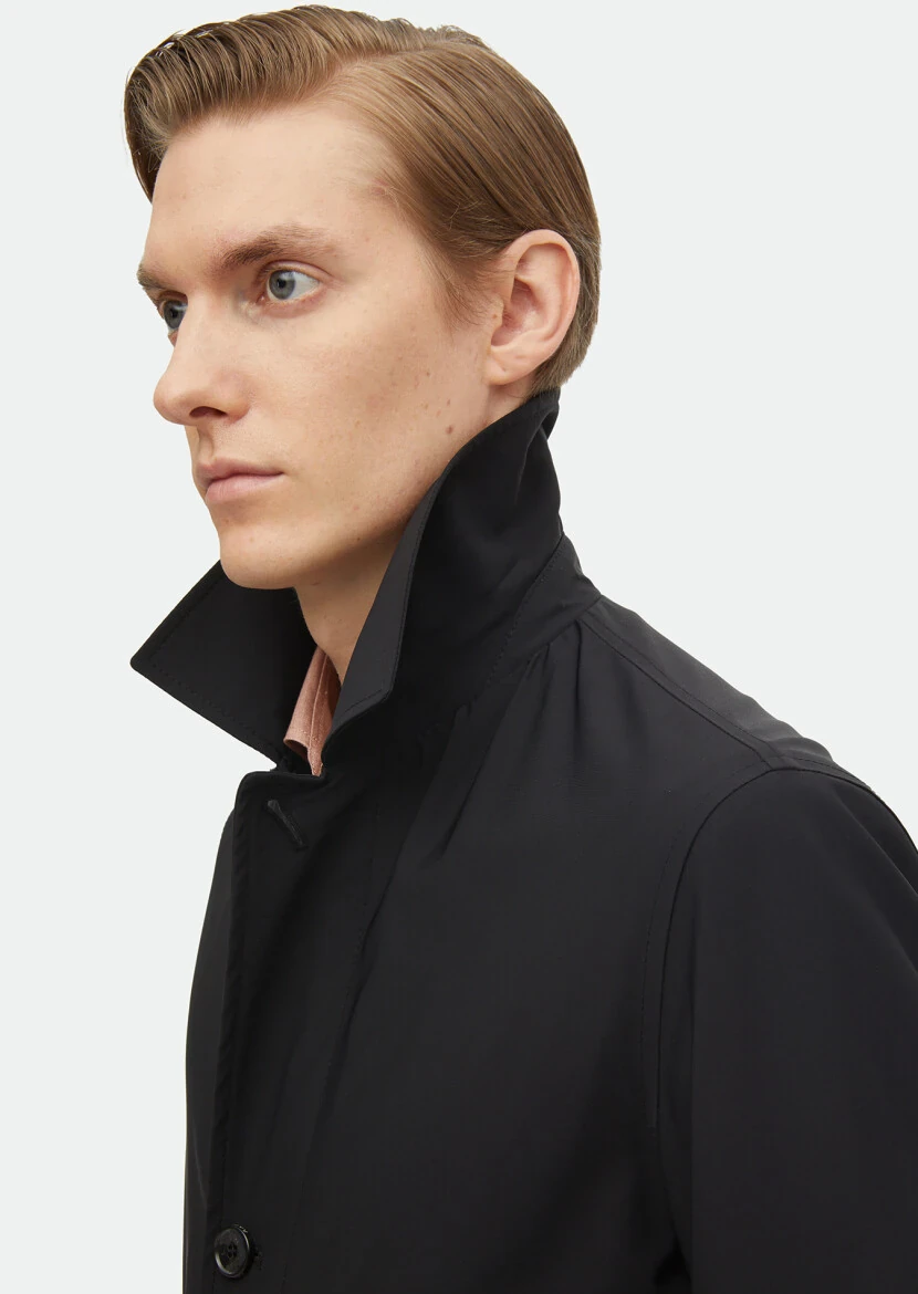 Black Regular Fit Shirt Collar Casual Weaving Rain Coat - 5