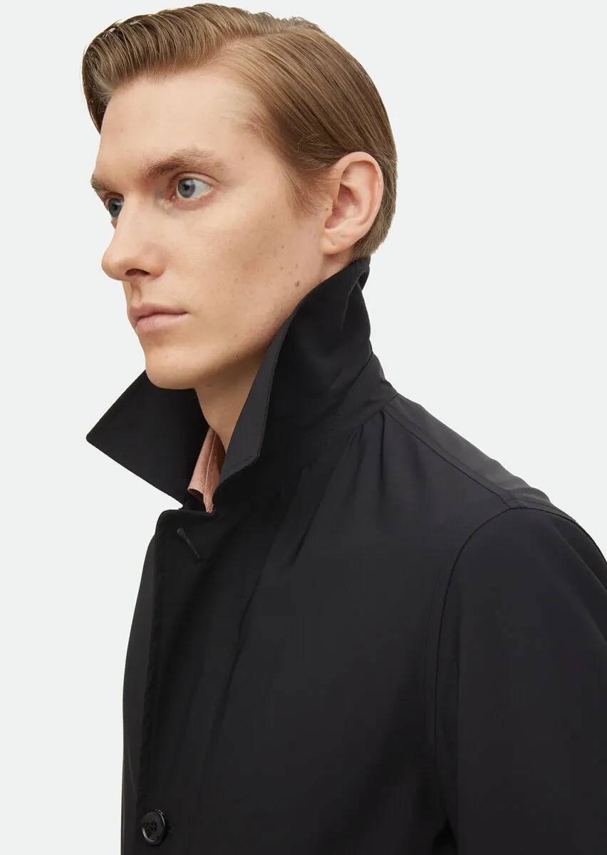 Black Regular Fit Shirt Collar Casual Weaving Rain Coat - 5