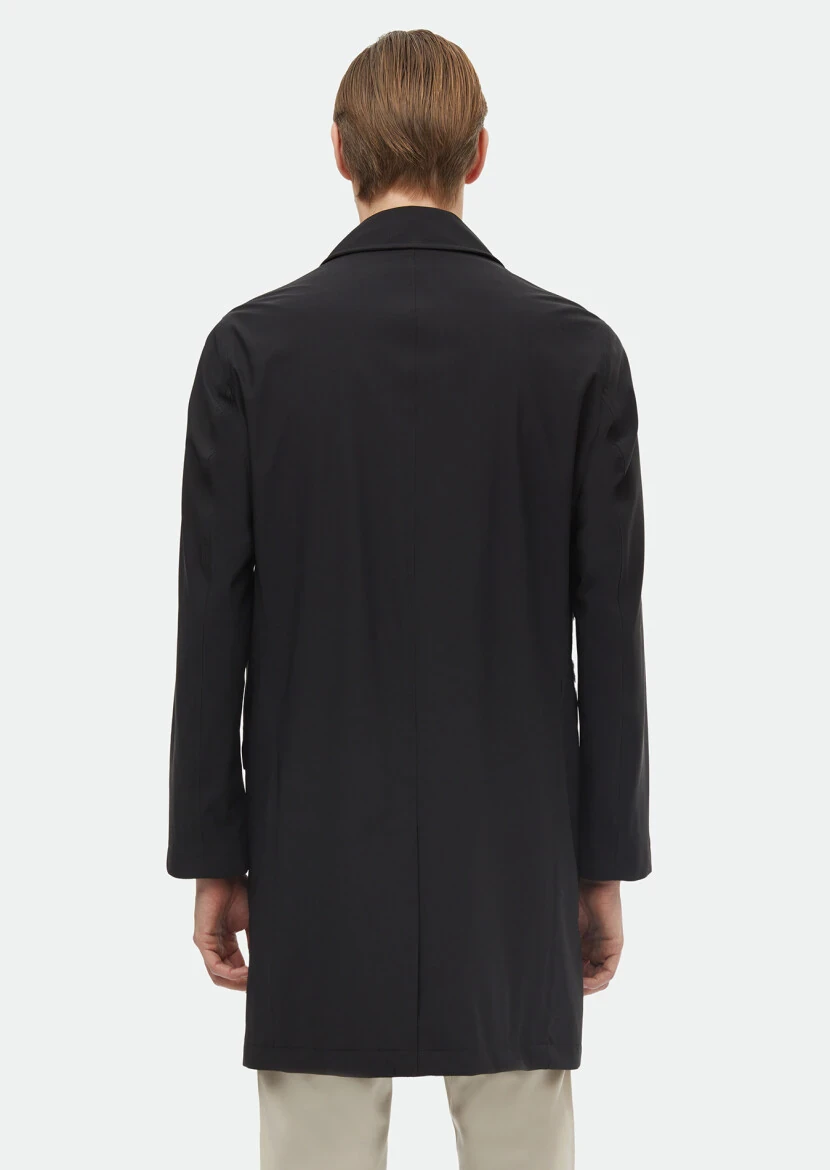 Black Regular Fit Shirt Collar Casual Weaving Rain Coat - 6