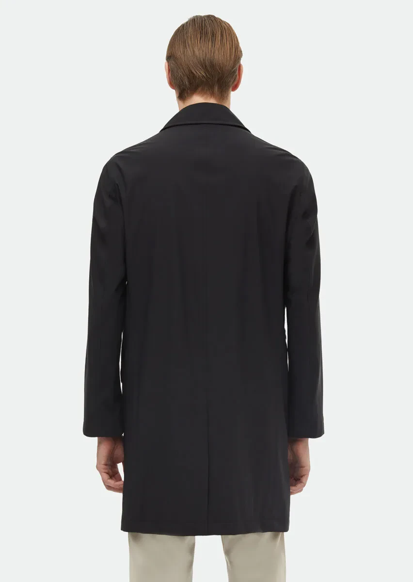 Black Regular Fit Shirt Collar Casual Weaving Rain Coat - 6