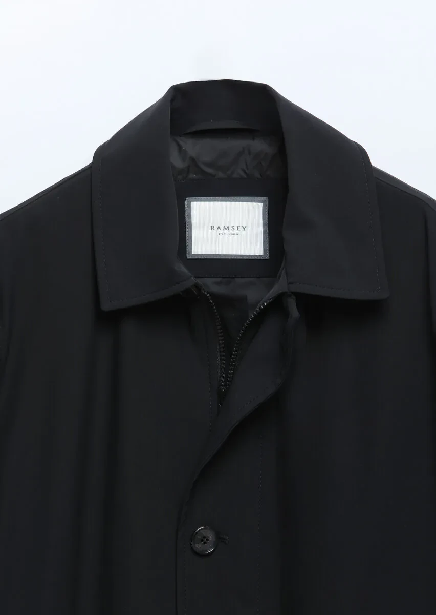 Black Regular Fit Shirt Collar Casual Weaving Rain Coat - 8