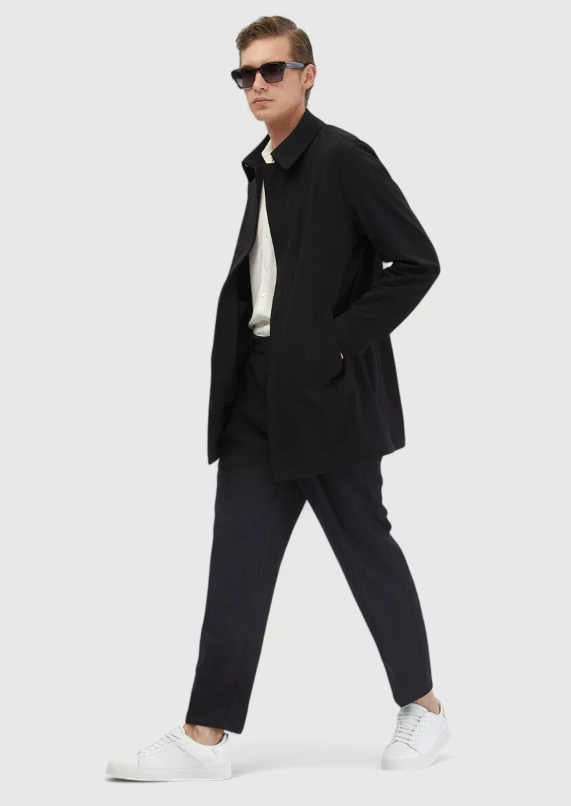 Black Regular Fit Shirt Collar Casual Weaving Rain Coat - 3