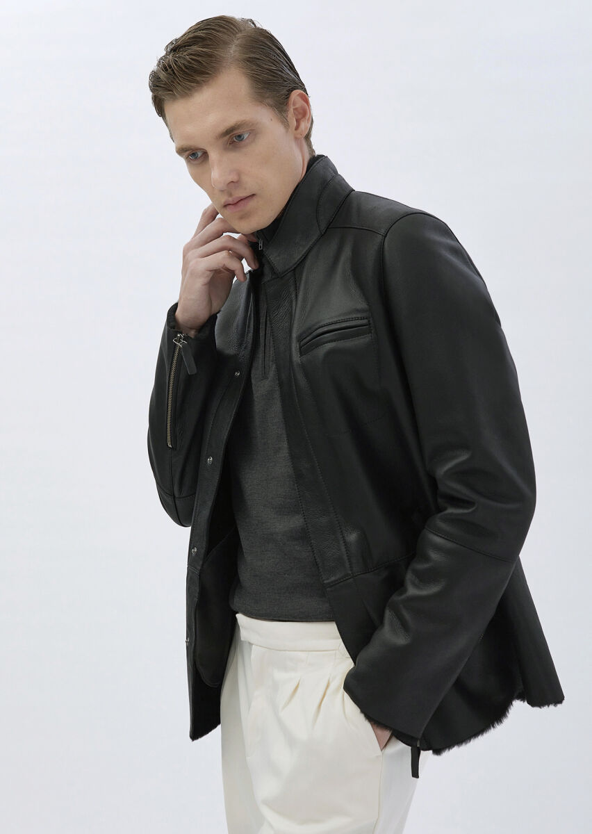 Black Regular Fit Turtleneck Casual Fur Leather Coat - 1