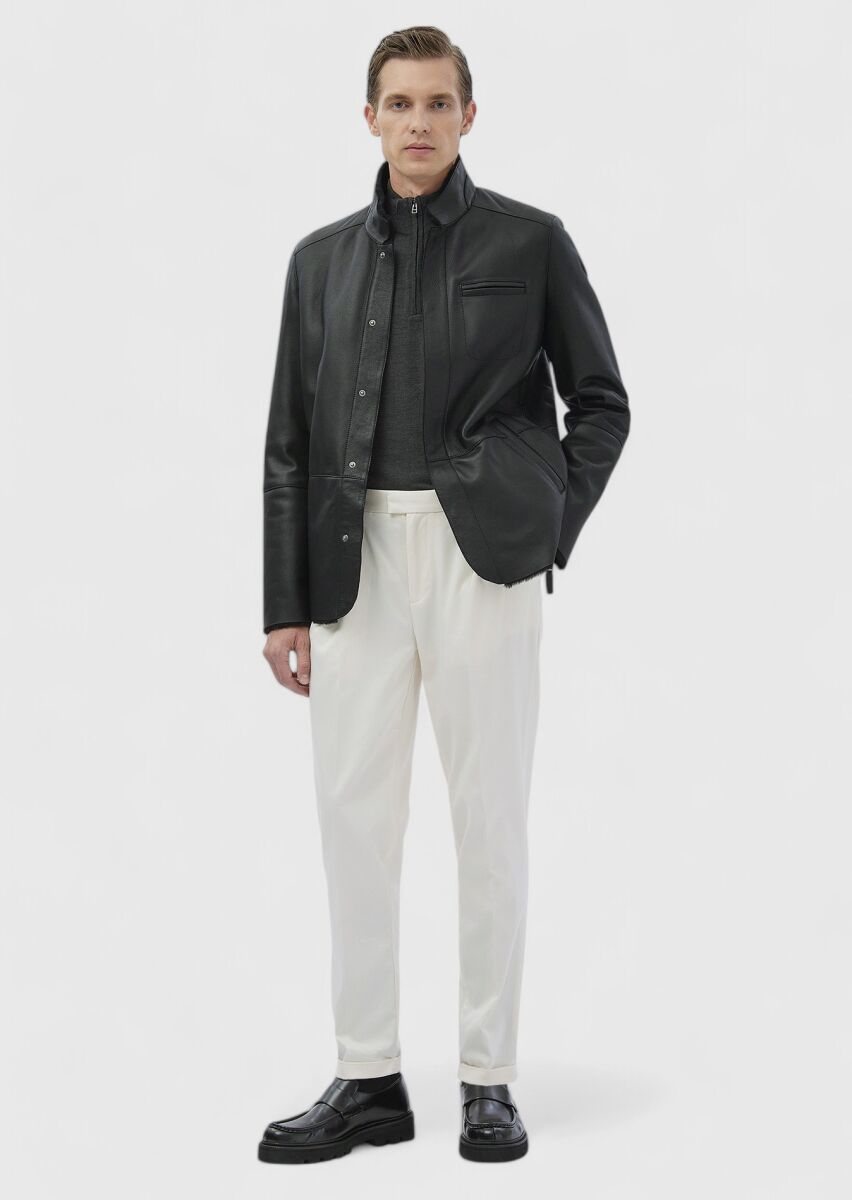 Black Regular Fit Turtleneck Casual Fur Leather Coat - 2