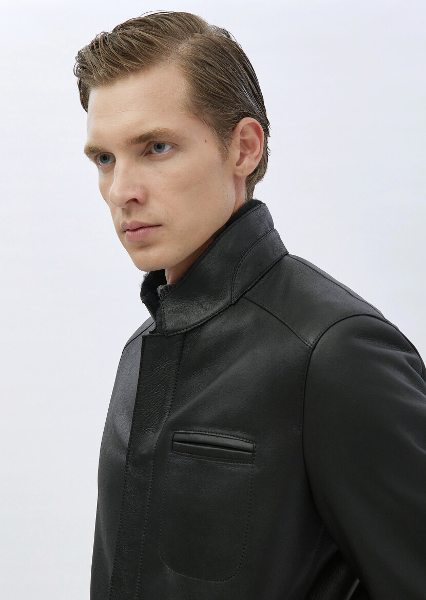 Black Regular Fit Turtleneck Casual Fur Leather Coat - 5