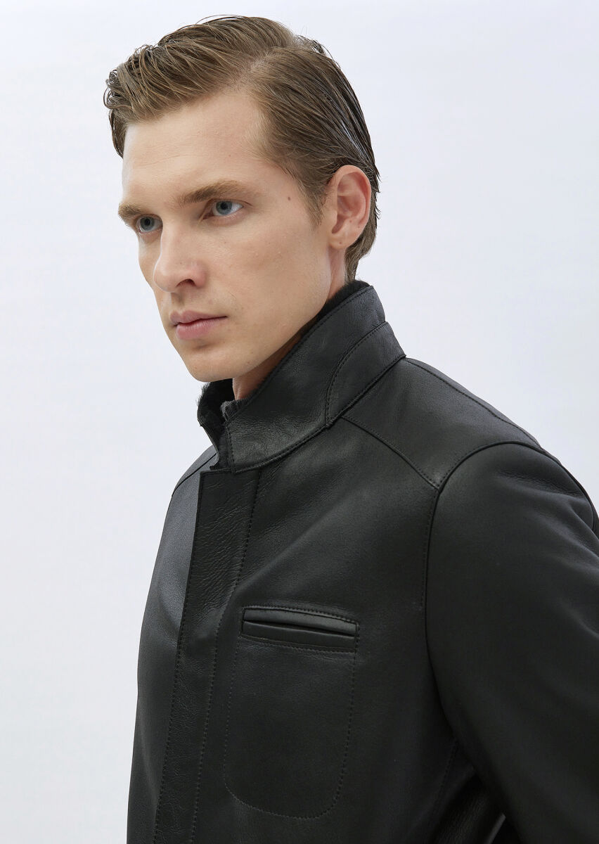 Black Regular Fit Turtleneck Casual Fur Leather Coat - 5