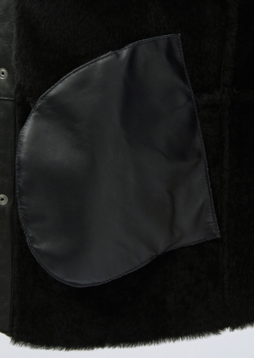 Black Regular Fit Turtleneck Casual Fur Leather Coat - 7