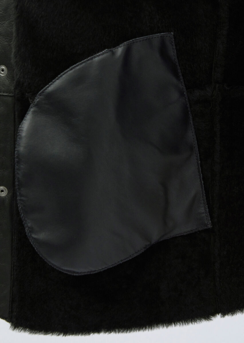 Black Regular Fit Turtleneck Casual Fur Leather Coat - 7