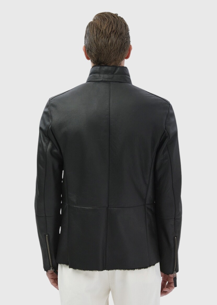 Black Regular Fit Turtleneck Casual Fur Leather Coat - 9