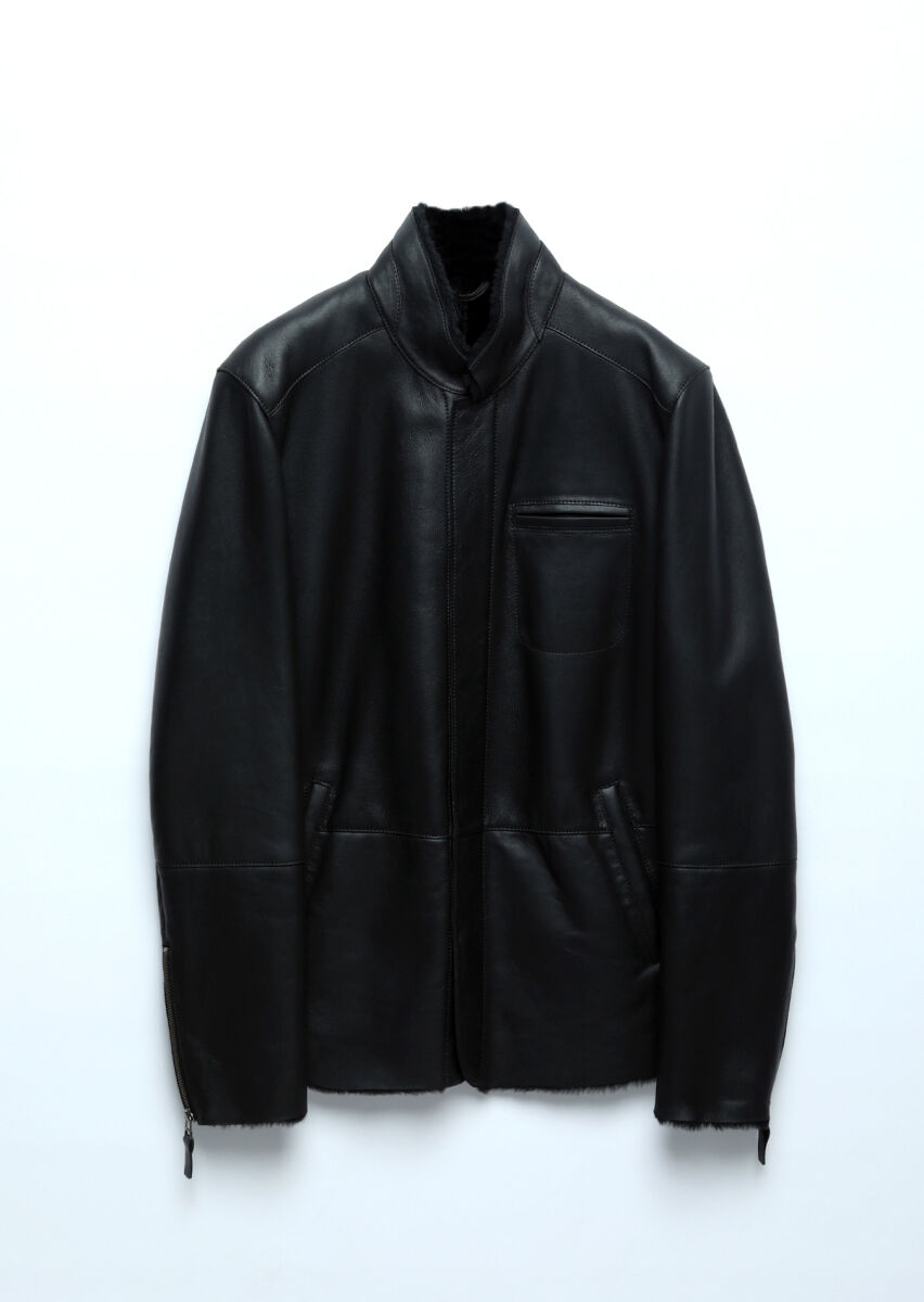 Black Regular Fit Turtleneck Casual Fur Leather Coat - 10