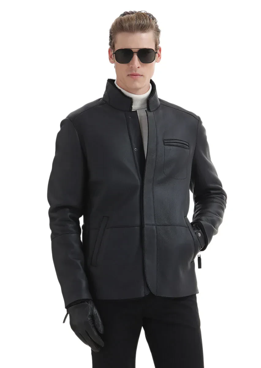 Black Regular Fit Turtleneck Casual Fur Leather Coat - 1