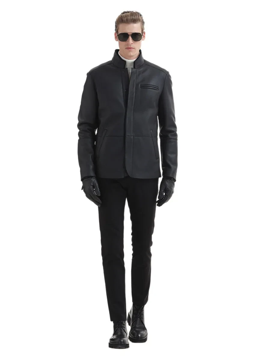 Black Regular Fit Turtleneck Casual Fur Leather Coat - 2