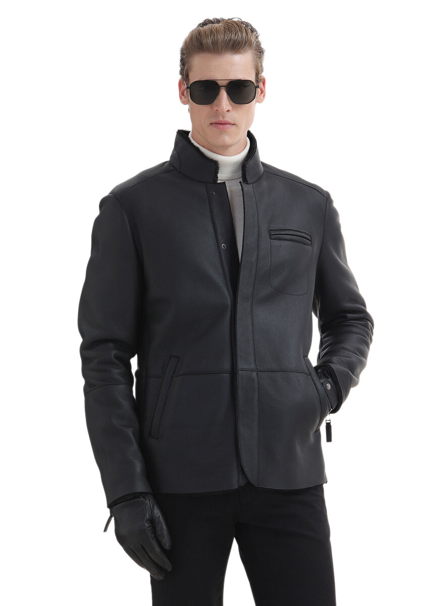 Black Regular Fit Turtleneck Casual Fur Leather Coat - 1