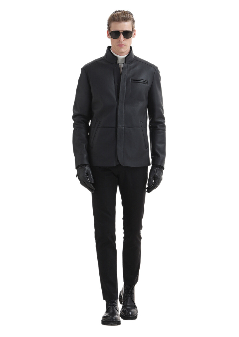 Black Regular Fit Turtleneck Casual Fur Leather Coat - 2